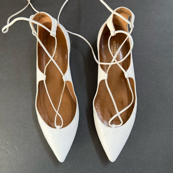 AQUAZZURA CHRISTY WHITE LEATHER LACE UP ANKLE WRAP POINTED TOE BALLET FLATS - Picture 2 of 15